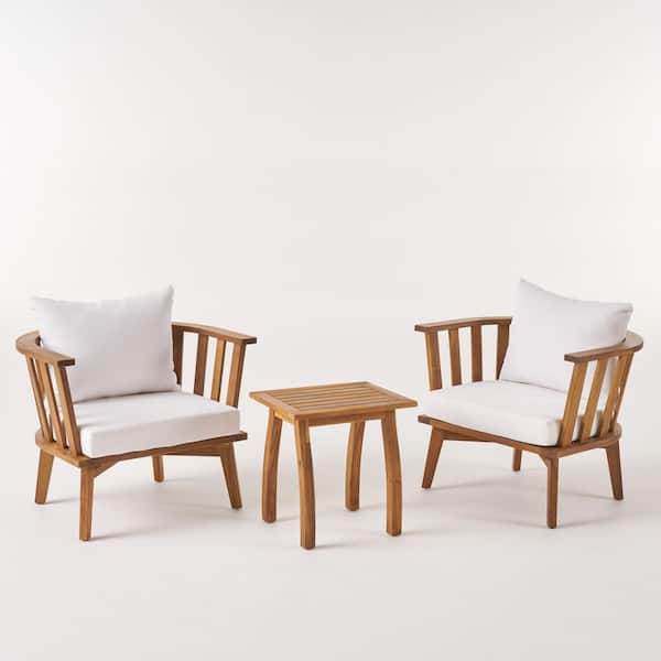 Noble House Barton Teak Brown 3-Piece Wood Outdoor Patio Conversation Seating Set with White Cushions