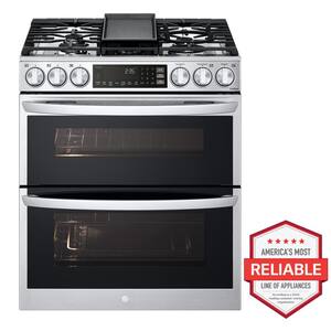6.9 cu. ft. Smart Slide-In Double Oven Gas Range with ProBake and InstaView in PrintProof Stainless Steel