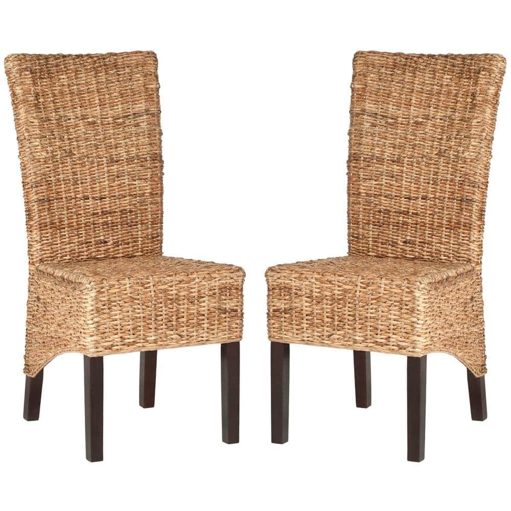 Natural Woven Rattan and Wood Side Chair Set