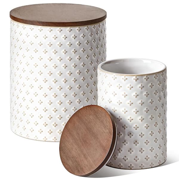 2-Piece Clover White Ceramic Sugar Canisters Sets, Food Storage Containers with Airtight Lids for Oats, Coffee Bean