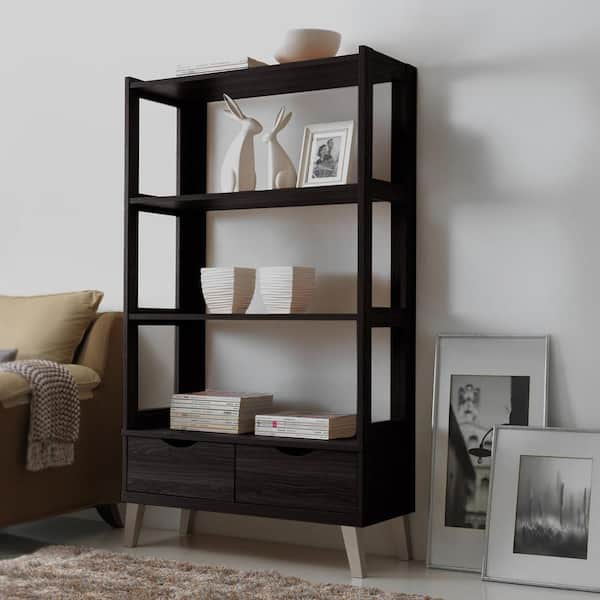 Baxton Studio 62.4 in. Dark Brown Wood 4-shelf Etagere Bookcase with Open Back