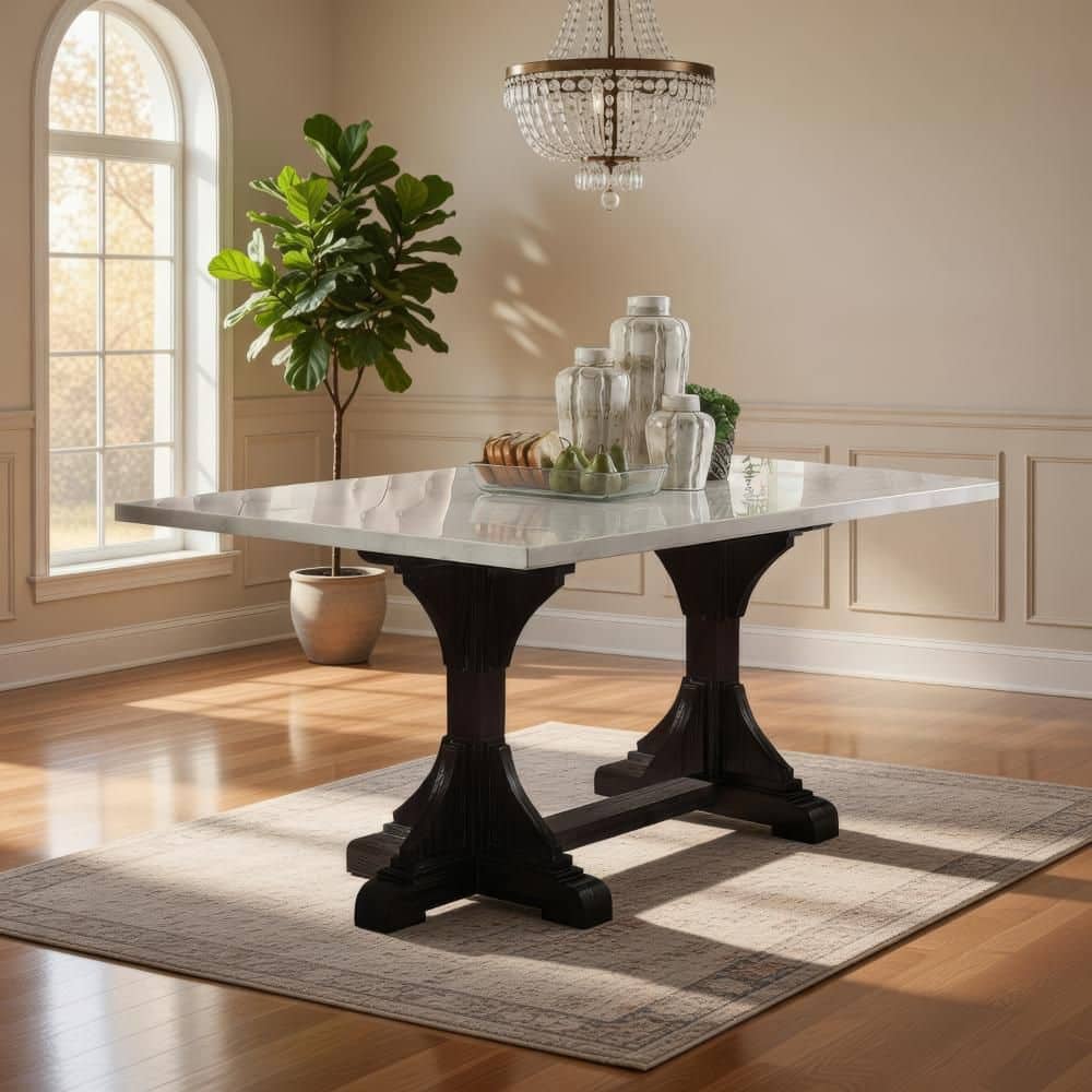 Benjara Off white Marble Top Trestle Base Dining Table Seating for 4 ...