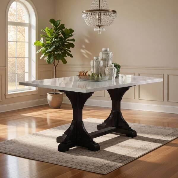 Benjara Off white Marble Top Trestle Base Dining Table Seating for 4 ...