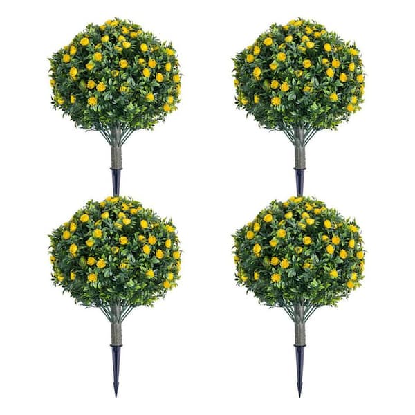 2FT 4PC Artificial Topiary Flower with Ground Spike,Ball Trees with Rose Flowers,PE Fake Plants,Yellow