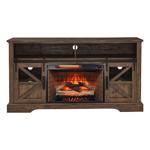 60 in. Freestanding Electric Fireplace TV Stand in Reclaimed Barnwood with Door Sensor