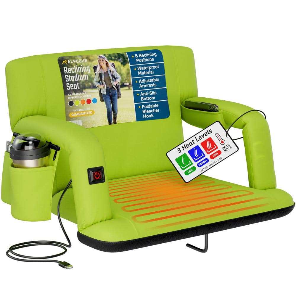 ALPCOUR Heated Reclining Stadium Seat 24 in. Extra-Wide Bleacher Chair w/ Back Support, Cushion, Armrests and Side PocketsLime