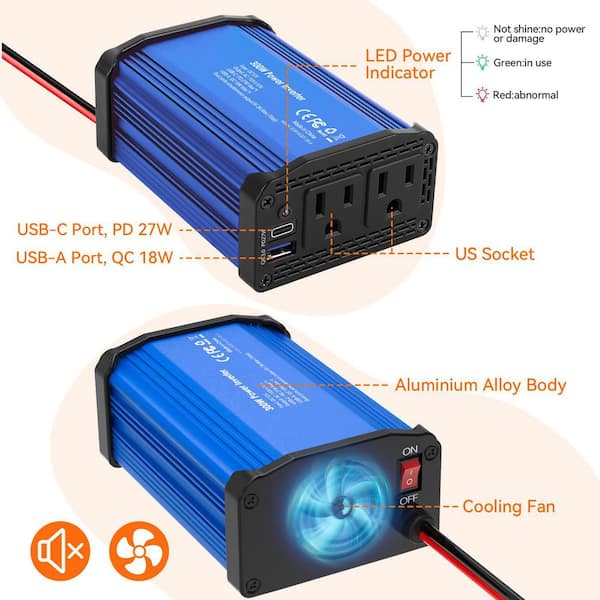 cigarette lighter power inverter home depot Lukyamzn 300-Watt Car Power Inverter Series with 12V to 110V AC Outlets,  USB-C and USB-A Ports for Fast Charging, Compact Design SA1127B372