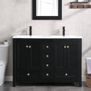 48 in. W. x 18 in. D x 34 in. H Sink Bath Vanity in Black with White Resin Double Sink Top and Drain Faucet Set