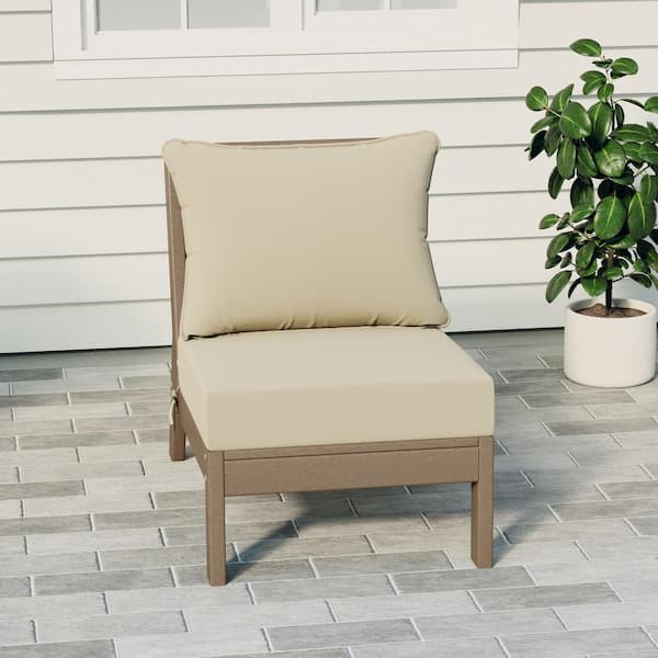 Birchwood Outdoor Patio Deep Seating HDPE Armless Lounge Chair in Weathered Wood with Beige Cushions