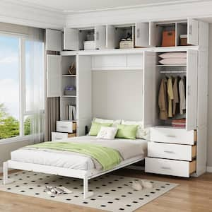 White Wood Frame Full Size Murphy Bed with Shelves, Drawers, Lockers and Wardrobes