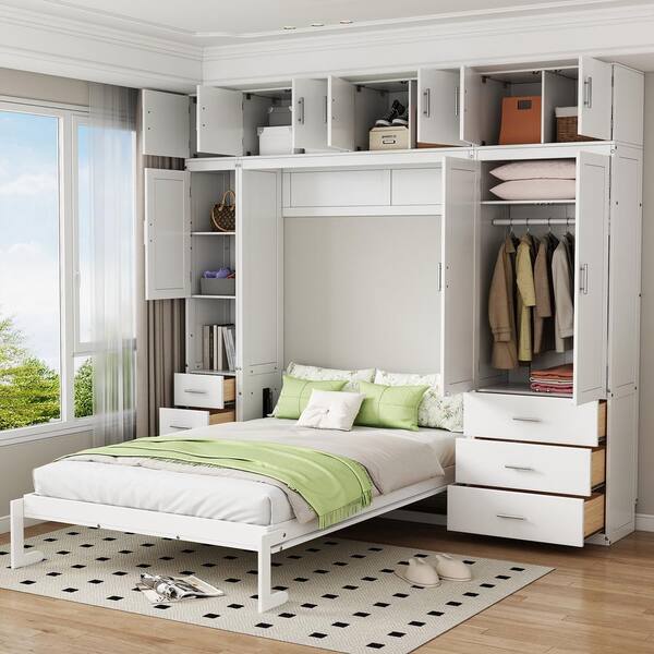 Harper & Bright Designs White Wood Frame Full Size Murphy Bed with ...