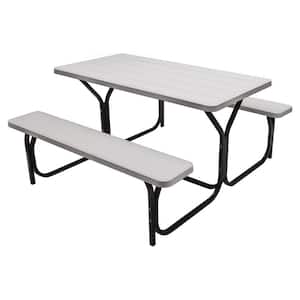 White All-Weather Metal Outdoor Picnic Table Bench Set with Metal Base Wood