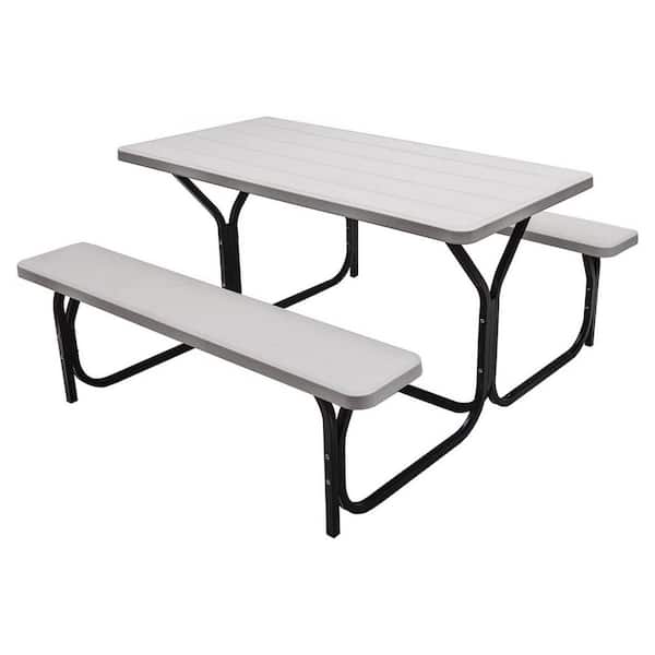 Alpulon White All-Weather Metal Outdoor Picnic Table Bench Set with Metal Base Wood