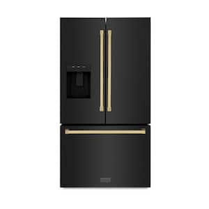 36 in. 3-Door French Door Refrigerator with Dual Ice Maker in Black Stainless Steel & Polished Gold Handles