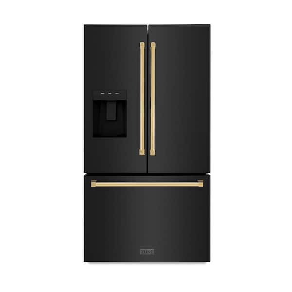 36 in. 3-Door French Door Refrigerator w/ Ice and Water Dispenser in Black Stainless Steel and Polished Gold Handles