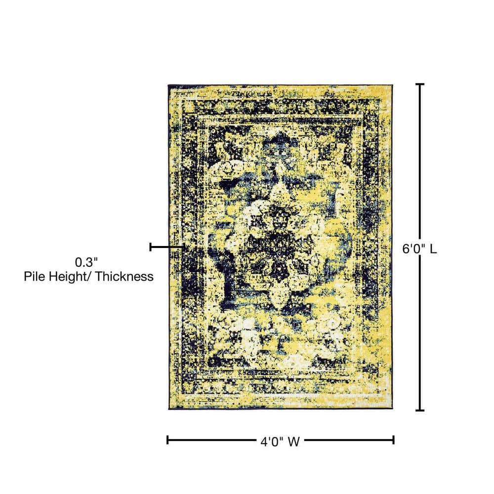 Reversible Navy Blue and Yellow Synthetic Area Rug 4'x6'