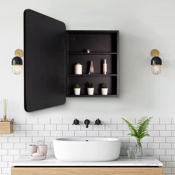 Aoibox 20 in. W x 28 in. H Rectangular Black Silver Iron Powder Medicine Cabinet with Mirror, 1 Door, 2 Shelves