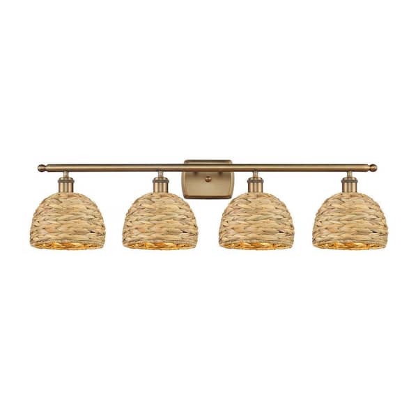 Woven Rattan 38 in. 4-Light Brushed Brass Vanity Light with Rattan Shade