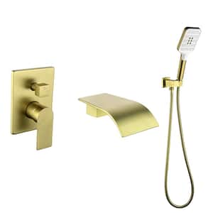 Single Handle Waterfall Wall-Mount Roman Tub Faucet with Flexible Hand Shower, Bathtub Faucet in Brushed Gold