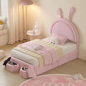 Pink Wood Frame Twin Size Velvet Platform Bed with Cartoon Ears and 2 Storage Stools