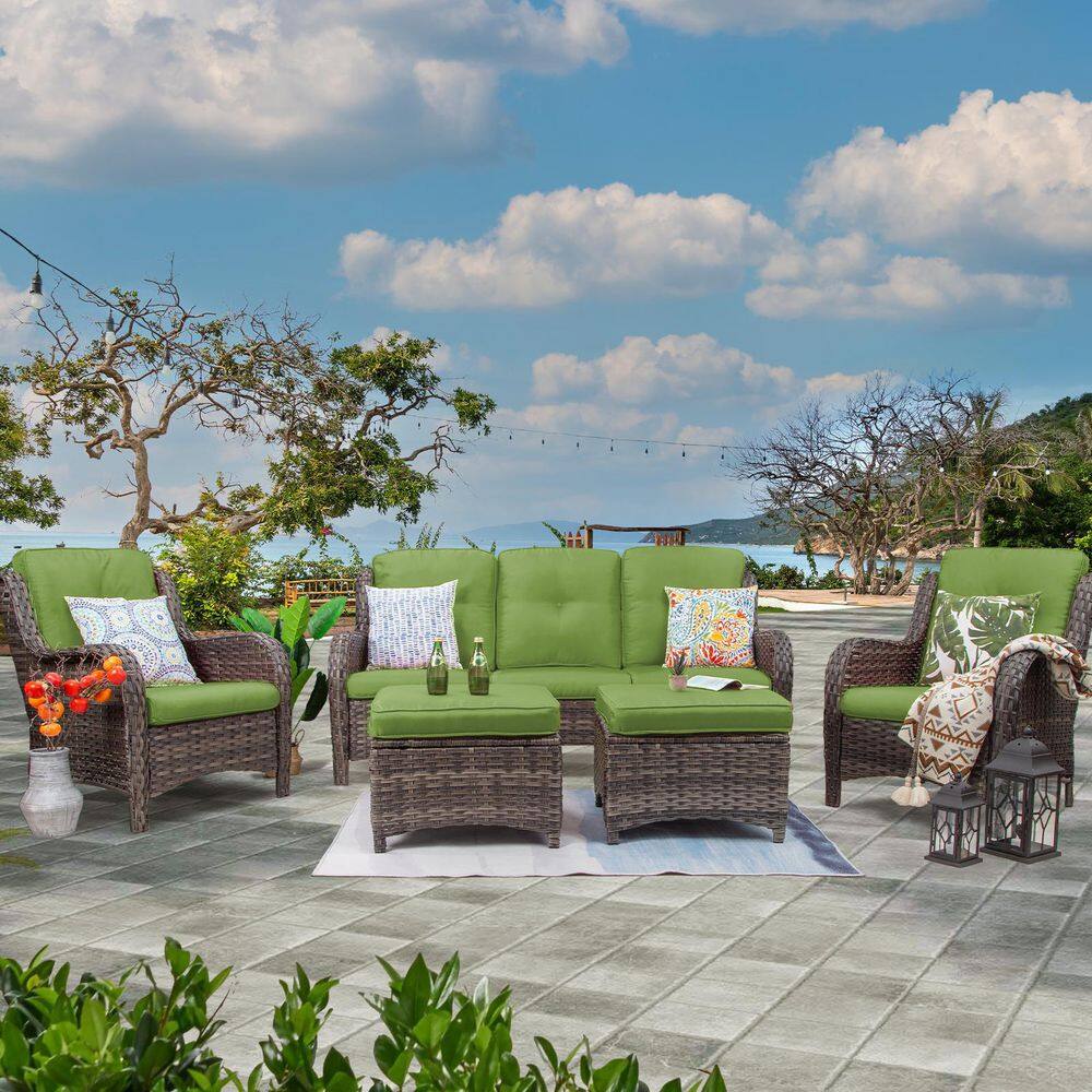 JOYSIDE 5Piece Wicker Outdoor Patio Seating Conversation Set Sectional Sofa with Green Cushions