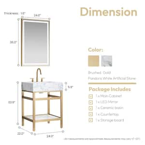 Ecija 24 in. W x 22 in. D x 33.9 in. H Single Sink Bath Vanity in Brushed Gold with White Composite Stone Top and Mirror