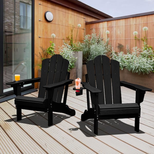 JEAREY 1-Piece HDPE Folding Adjustable Adirondack Chair in Black