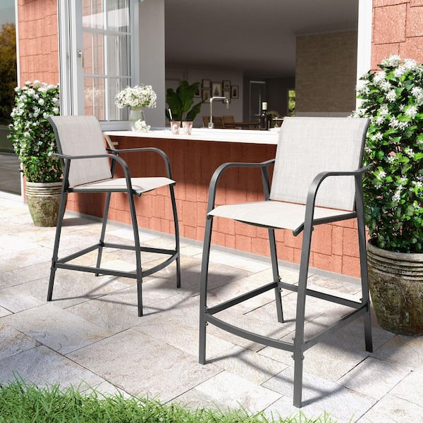Pellebant Set of 2 Metal Outdoor Bar Stools Counter Height Patio Bar Chairs in Gray