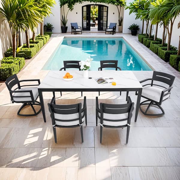 Cavallo 7-Piece Aluminum Outdoor Dining Set with White Marble-Look Sintered Stone Tabletop and Sunbrella Cushions