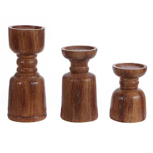 Lia 5.9 in. Polyresin Brown Wood Decorative Candle Holder (Set of 3)