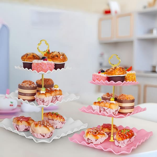 Esepony 3-Tier White Dessert Display Cake Stand with Serving Tray