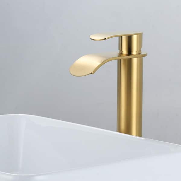 Single Handle Single Hole Tall Waterfall Bathroom Faucet with Pop Up Drain and Supply Lines in Brushed Gold
