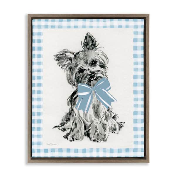 Stupell Industries Yorkie with Plaid Border by Carol Robinson Brown Floater Frame Animal Graphic Art Print 21 in. x 17 in.