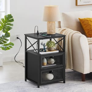 End Table with Charging Station, Nightstand with USB Ports and Power Outlets, Side Table with Storage Drawers，Black