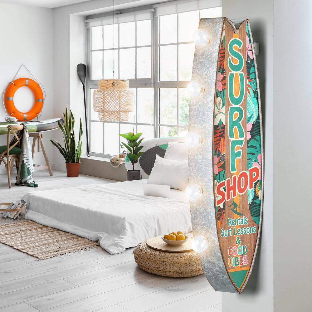 Vintage Metal LED Surf Shop Sign with Tropical Print