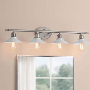 Glenhurst 34 in. 4-Light Industrial Farmhouse White and Brushed Nickel Bathroom Vanity Light Fixture with Metal Shades