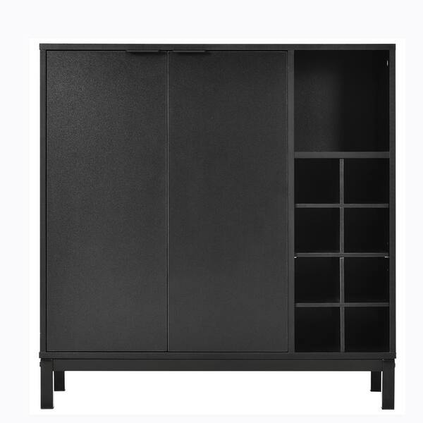 FAMYYT Black Wood 34 in. Kitchen Island with Shelfs and Wine Racks XJ