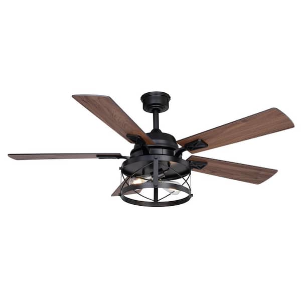VAXCEL Elburn 52 in. Farmhouse Indoor Black Ceiling Fan with Caged Drum LED Light Kit and Remote