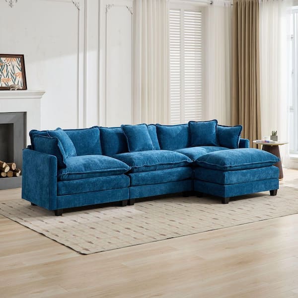 Tikhon 113.8 in. W Rectangle Pillow Top Arms Chenille Sofa in Blue