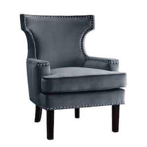 Gray and Black Velvet Armchair with Wingback Design and Nailhead Trim