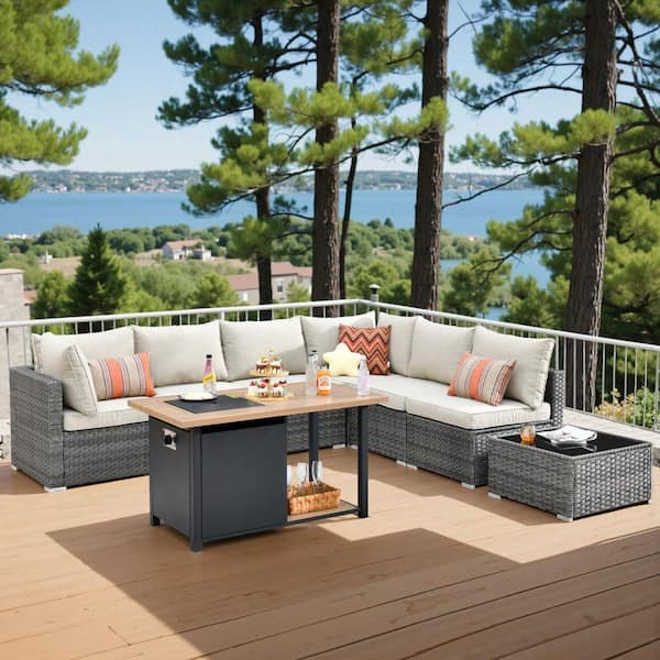 Sanibel Gray 8-Piece Wicker Outdoor Patio Conversation Sofa Seating Set with a Storage Fire Pit and Beige Cushions