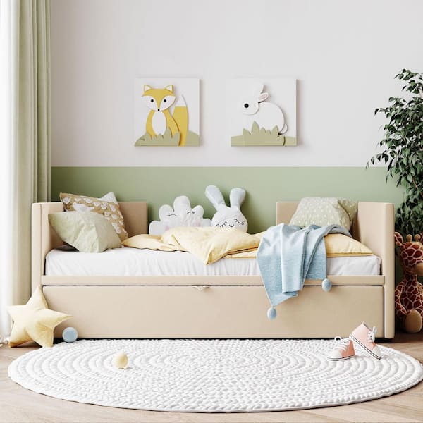 Beige Twin Size Daybed with Pop Up Trundle