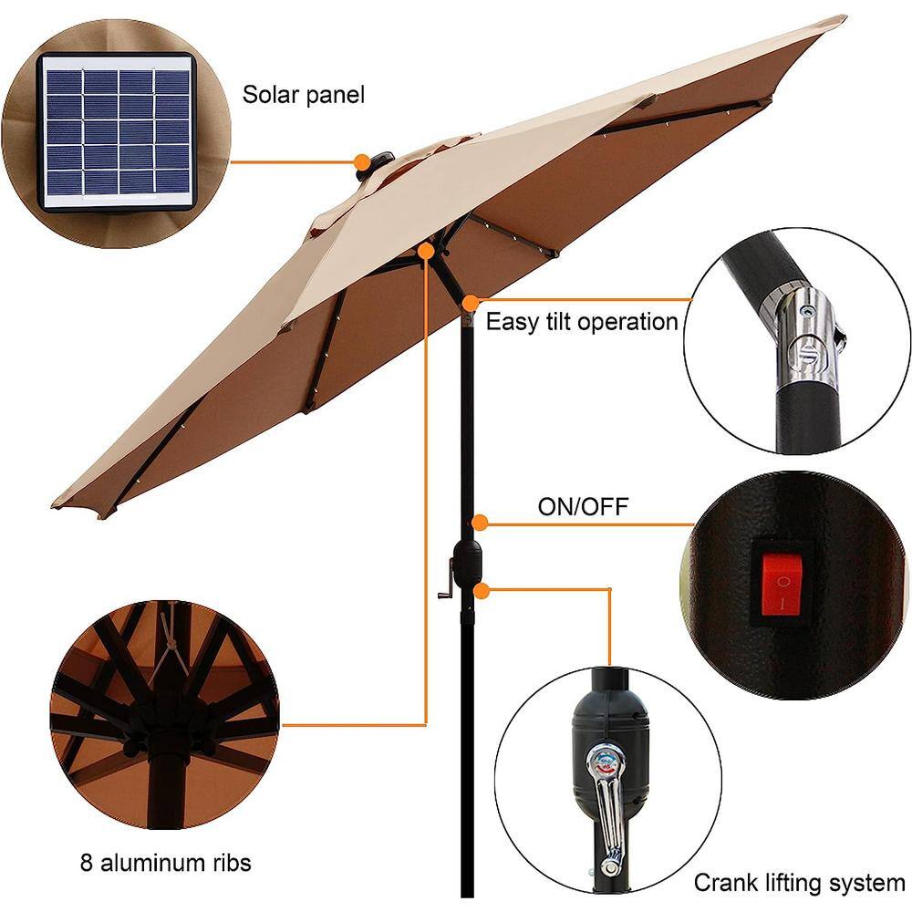 Tan 9 ft Round LED Lighted Market Umbrella with Black Aluminum Pole