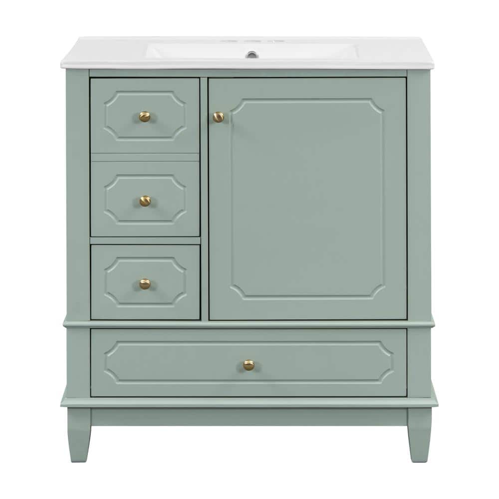 30 in. Single Sink Freestanding Light Green Bath Vanity with White Ceramic Top Unassembled