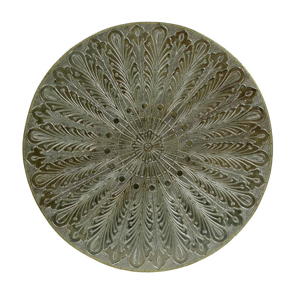 Silver Round Metal End Table with Floral Engravings