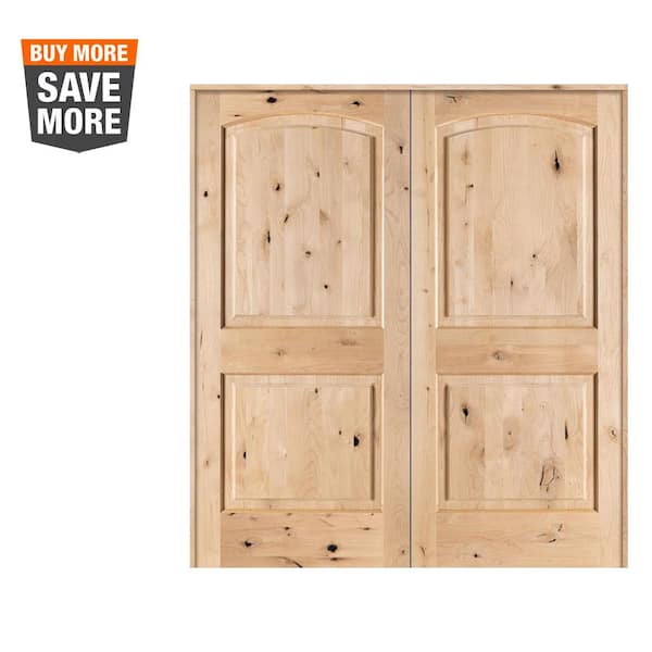 Krosswood Doors 60 in. x 80 in. Rustic Knotty Alder 2-Panel Arch-Top Both Active Solid Core Wood Double Prehung Interior French Door