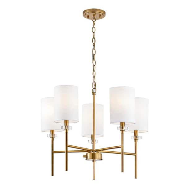 5 Light Modern Aged Brass Finish Chandelier With White Fabric Shades