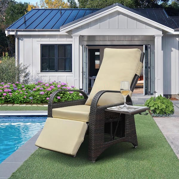 AUTMOON Outdoor PE Wicker Adjustable Reclining Lounge Chair with Khaki Cushion
