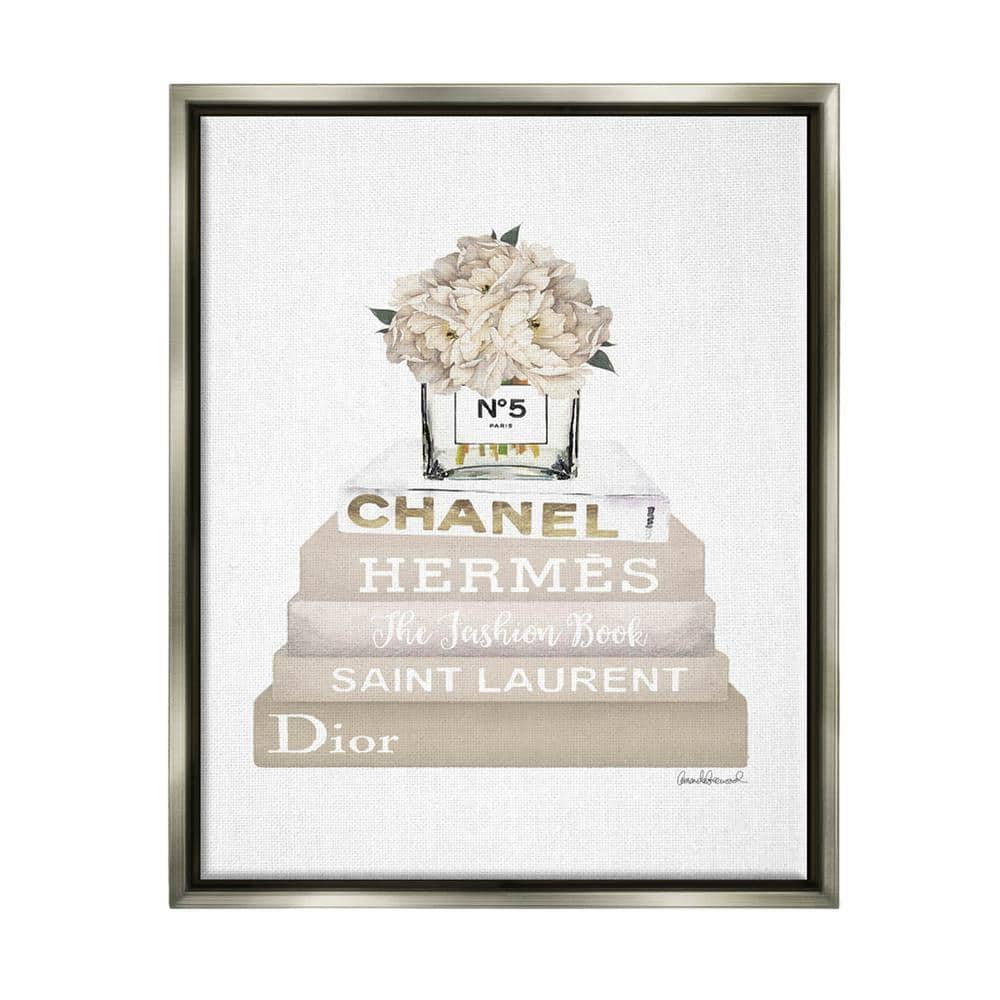 The Stupell Home Decor Collection High Fashion Bookstack with Tan Flowers by Amanda Greenwood Floater Frame Nature Wall Art Print 25 in. x 31 in.