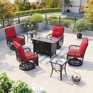 7 Piece Red Wicker Patio Rocking Chairs for 4 with 40 in. Fire Pit Table Swivel Rocking Chair Sets